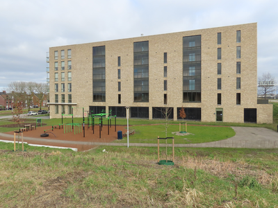 912445 Gezicht op de zijgevel van het nieuwe wooncomplex tussen de Hickorylaan (links) en de Stadsbaan Leidsche Rijn in ...